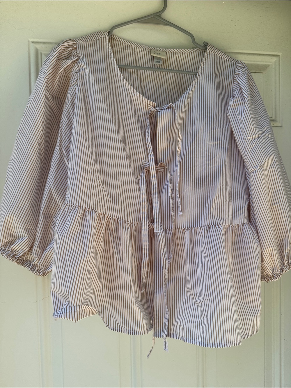 a new day Gold and White Striped Tie-Front Peasant Tunic